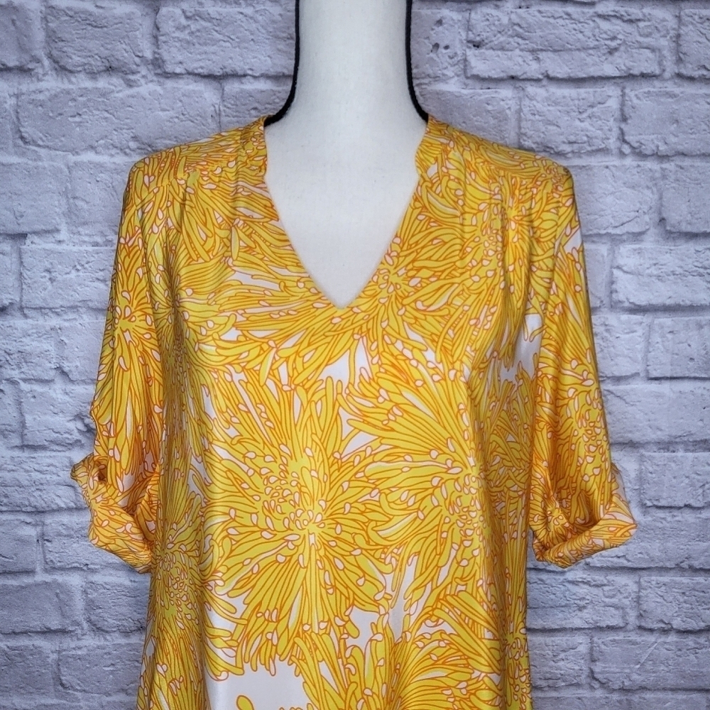 Amanda Uprichard dress yellow white floral tunic v neck knee length size M NWT - Picture 4 of 11
